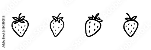 Strawberry Line Icon Set In Doodle Style. Fresh Fruit, Healthy Eating, And Nutrition Outline Sketch Collection. Hand Drawn Isolated Vector Illustration