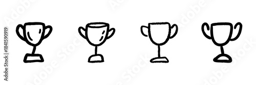 Trophy Cup Line Icon Set In Doodle Style. Achievement, Success, And Award Recognition Outline Sketch Collection. Celebration And Victory Symbols. Hand Drawn Isolated Vector Illustration