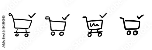 Shopping Cart With Checkmark Line Icon Set In Doodle Style. E-Commerce, Online Shopping, And Purchase Confirmation Outline Sketch Collection. Hand Drawn Isolated Vector Illustration