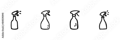 Spray Bottle Line Icon Set In Doodle Style. Cleaning, Disinfection, And Sanitization Tools Outline Sketch Collection. Household And Industrial Use. Hand Drawn Isolated Vector Illustration