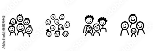 Group Of People Line Icon Set In Doodle Style. Community, Teamwork, And Family Connection Outline Sketch Collection. Social Interaction And Unity. Hand Drawn Isolated Vector Illustration