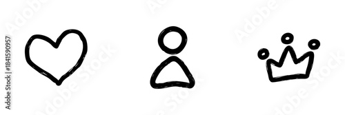 Heart, User, And Crown Line Icon Set In Doodle Style. Love, Personal Identity, And Leadership Symbolism Outline Sketch Collection. Hand Drawn Isolated Vector Illustration