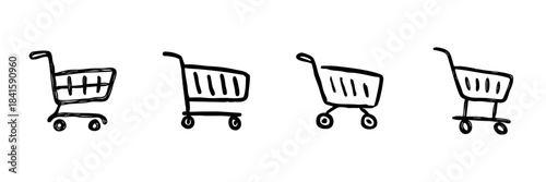 Shopping Cart Line Icon Set In Doodle Style. E-Commerce, Online Shopping, And Retail Marketplace Outline Sketch Collection. Hand Drawn Isolated Vector Illustration