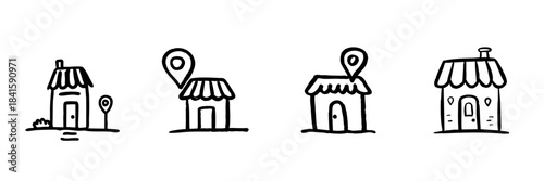 Small Shops With Location Pin Line Icon Set In Doodle Style. Local Business, Navigation, And Storefront Identification Outline Sketch Collection. Hand Drawn Isolated Vector Illustration