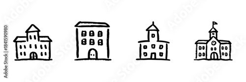 School And University Buildings Line Icon Set In Doodle Style. Educational Institutions And Architecture Outline Sketch Collection. Hand Drawn Isolated Vector Illustration