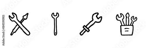 Crossed Wrench And Screwdriver Line Icon Set In Doodle Style. Tool Maintenance, Repair, And Diy Equipment Outline Sketch Collection. Hand Drawn Isolated Vector Illustration
