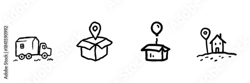 Delivery And Logistics Line Icon Set In Doodle Style. Shipping, Package Tracking, And Home Delivery Outline Sketch. Transportation And Location Services. Hand Drawn Isolated Vector Illustration
