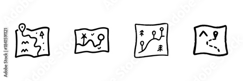 Map Navigation Line Icon Set In Doodle Style. Travel Planning, Route Mapping, And Adventure Exploration Outline Sketch Collection. Hand Drawn Isolated Vector Illustration