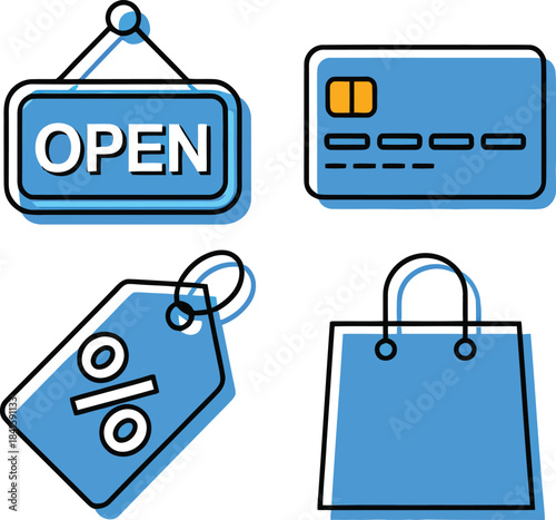 Vector icon set featuring open sign, credit card, discount tag, and shopping bag representing retail commerce and consumer shopping.