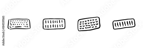 Computer Keyboard Line Icon Set In Doodle Style. Digital Communication, Typing, And Data Entry Tools Outline Sketch Collection. Hand Drawn Isolated Vector Illustration