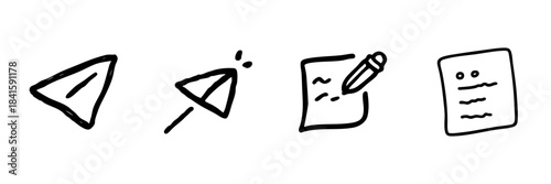 Paper Airplane And Writing Tools Line Icon Set In Doodle Style. Communication, Messaging, And Note-Taking Outline Sketch Collection. Hand Drawn Isolated Vector Illustration