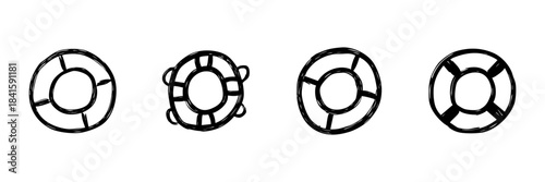 Lifebuoy Ring Line Icon Set In Doodle Style. Maritime Safety, Rescue Equipment, And Emergency Preparedness Outline Sketch Collection. Hand Drawn Isolated Vector Illustration