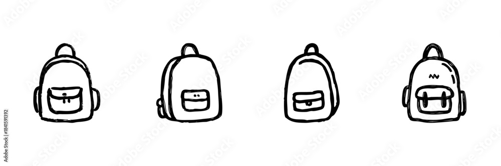 Obraz premium Backpack Line Icon Set In Doodle Style. School, Travel, And Outdoor Adventure Bag Outline Sketch Collection. Hand Drawn Isolated Vector Illustration