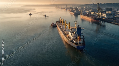 Early morning cargo ship maneuvering into berth with gentle sunlight casting long shadows focusing on the teamwork and coordination required for safe docking.