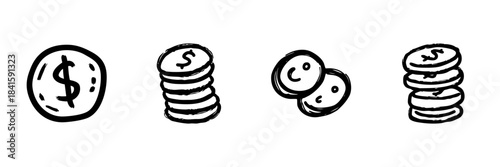 Coin And Stack Line Icon Set In Doodle Style. Financial Savings, Investment, And Currency Management Outline Sketch Collection. Economic Growth And Wealth. Hand Drawn Isolated Vector Illustration