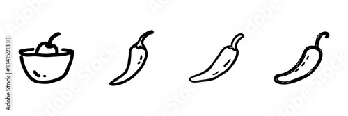 Bowl With Chili Peppers Line Icon Set In Doodle Style. Spicy Food, Culinary Ingredients, And Flavor Enhancement Outline Sketch Collection. Hand Drawn Isolated Vector Illustration