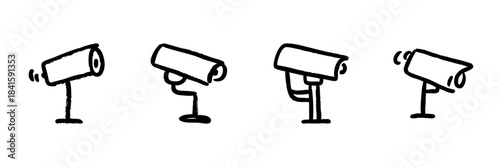 Surveillance Camera Line Icon Set In Doodle Style. Security Monitoring And Cctv System Outline Sketch Collection. Video Surveillance And Safety Equipment. Hand Drawn Isolated Vector Illustration