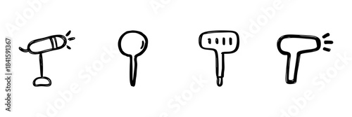Microphone, Magnifying Glass, Hairbrush, And Hairdryer Line Icon Set In Doodle Style. Audio Recording, Search, Grooming, And Hair Styling Tools Outline Sketch. Hand Drawn Vector Illustration