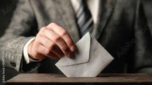Homme d'affaires déosant une enveloppe dans une urne