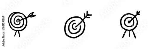 Target With Arrow Line Icon Set In Doodle Style. Precision, Goal Achievement, And Success Representation Outline Sketch Collection. Hand Drawn Isolated Vector Illustration