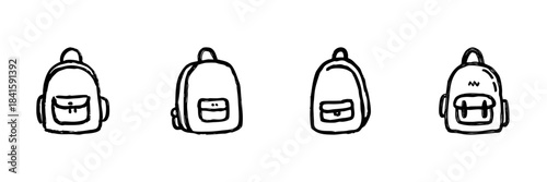 Backpack Line Icon Set In Doodle Style. School, Travel, And Outdoor Adventure Bag Outline Sketch Collection. Hand Drawn Isolated Vector Illustration