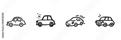 Four Car Line Icons In Doodle Style. Vehicle Design, Transportation, And Automotive Concepts Outline Sketch Collection. Hand Drawn Isolated Vector Illustration