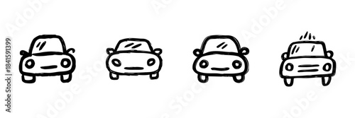 Four Car Front Views Line Icon Set In Doodle Style. Vehicle Design, Transportation, And Automotive Illustration Outline Sketch Collection. Hand Drawn Isolated Vector Illustration