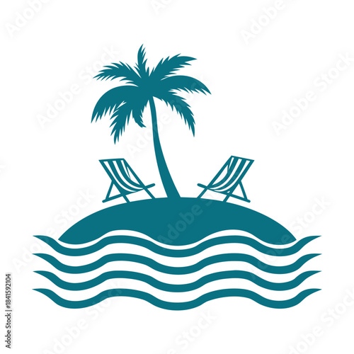 Teal silhouette of a palm tree on an island with two deck chairs and wavy water vector