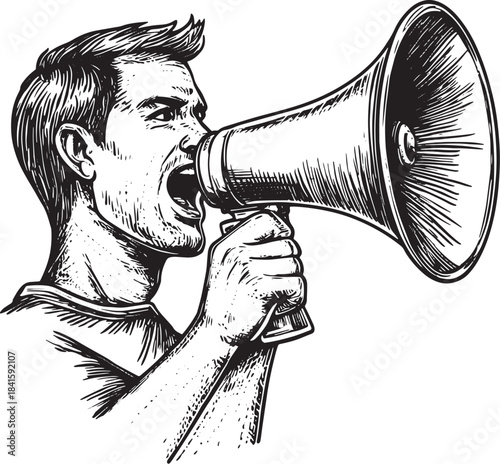 Man doing loudspeaker speech engraving vector illustration. Scratch board style imitation. Black and white hand drawn image.