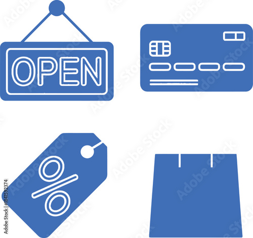 Vector icon set featuring open sign, credit card, discount tag, and shopping bag representing retail commerce and online shopping.