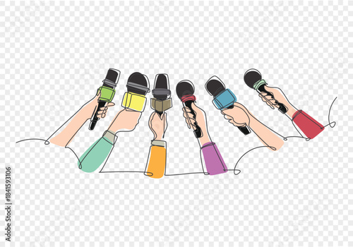 Multiple hands holding colorful microphones in a press conference setting interview,
Isolated on transparent background, Live Press Conference, Broadcast Vector, png