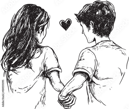 Couple in love hold hands engraving vector