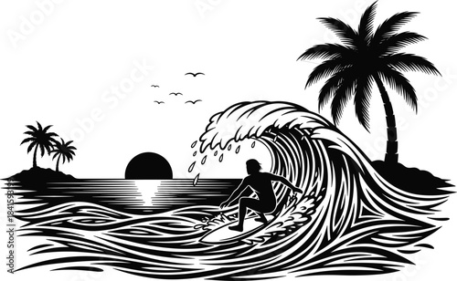 Sunset Surf Tropical Beach Landscape, Silhouette Surfer Riding Huge Ocean Wave, Palm Trees Island Reflection, Summer Vacation Adventure Scene, Vintage Tattoo Engraving Style Vector Illustration