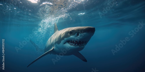 Ocean shark viewed from below with open, threatening mouth, predatory danger, World Oceans Day
