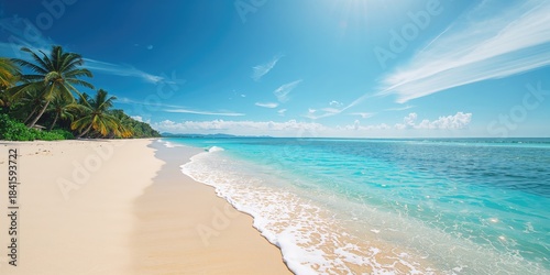 Fototapeta Naklejka Na Ścianę i Meble -  Serene seaside scene featuring gentle waves and sandy shore, suitable for travel and holiday planning, World Tourism Day