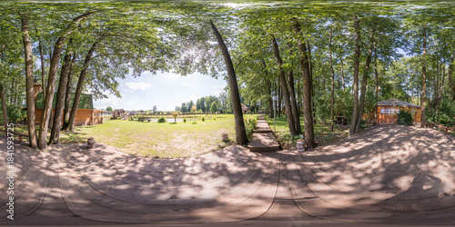 3D spherical panorama with 360 viewing angle. Ready for virtual reality or VR. Full equirectangular projection. Cold blue sky with green grass and with some trees at summer.