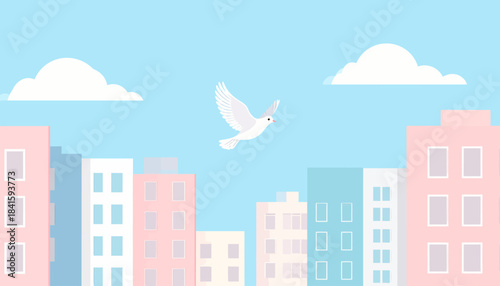 A peaceful cartoon cityscape with pastel buildings, a light blue sky, white clouds, and a flying white dove.