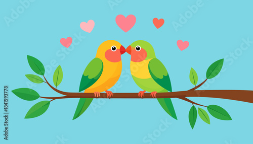 Two lovebirds perched on a tree branch sharing a romantic moment with hearts above them symbolizing love and affection
