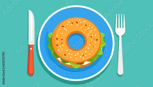 A top-down view of a bagel sandwich with lettuce and sesame seeds on a blue plate, flanked by a knife and fork, against a teal background in a flat design style.