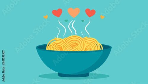 A blue bowl of steaming yellow spaghetti with hearts floating above, on a teal background, in a simple illustration style.