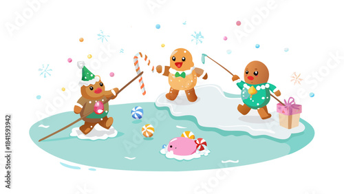 Gingerbread characters fishing through colorful candy ice, marshmallow snow falling, peppermint fishing rods, whimsical holiday fun