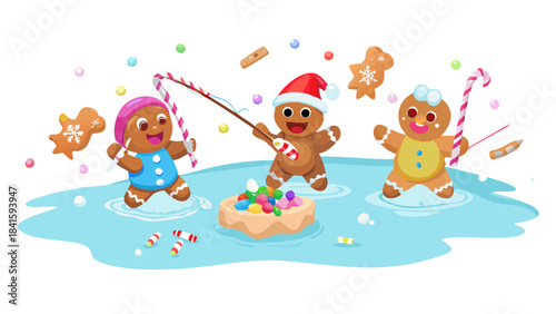 Gingerbread characters fishing through colorful candy ice, marshmallow snow falling, peppermint fishing rods, whimsical holiday fun