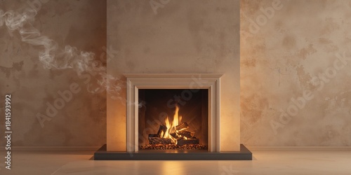 Cozy fireplace with burning logs and glowing embers serving as a warm interior background, winter awareness