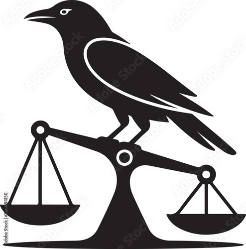 Black crow perched on a balanced scale symbolizing justice and balance