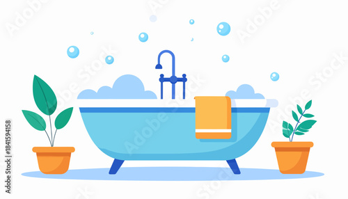Cartoon illustration of a light blue bathtub filled with bubbles, featuring a faucet, an orange towel, and two potted plants.