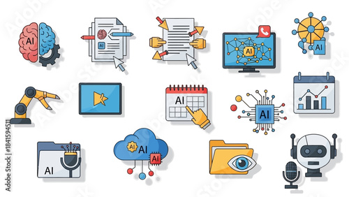 Artificial Intelligence and Machine Learning Technology Icons Set.