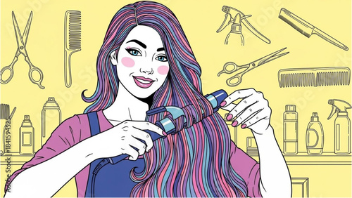 High-quality black outline colorful art of a hairdresser styling long hair with a curling iron using gentle hand movements