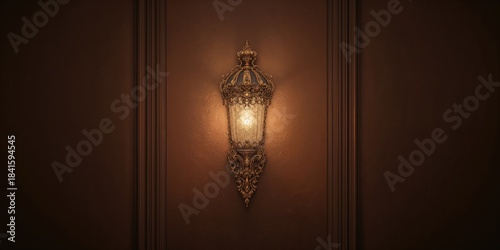 Interior antique wall lamp with vintage design and gold accents used as a background for interior decor, highlighting lighting style