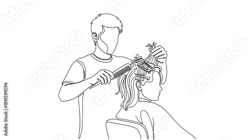 High-quality black continuous line art of a hairdresser combing a client’s hair before a trim
