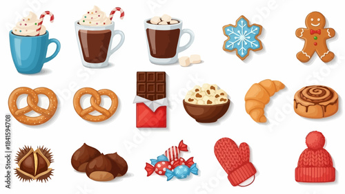 Assortment of winter treats and cozy accessories for a festive holiday season.